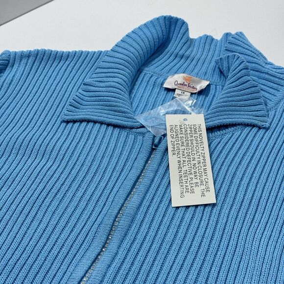 Woman's Quacker Factory Rhinestone Zipper Chunky-Knit Sky Blue Zip-up Polo Shirt - Picture 2 of 7